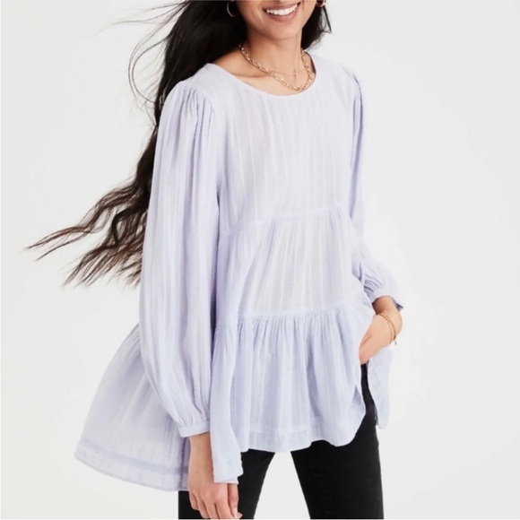 American Eagle Babydoll Tiered Open Back Boho Flowy Cotton Top Lilac Purple - Picture 2 of 14